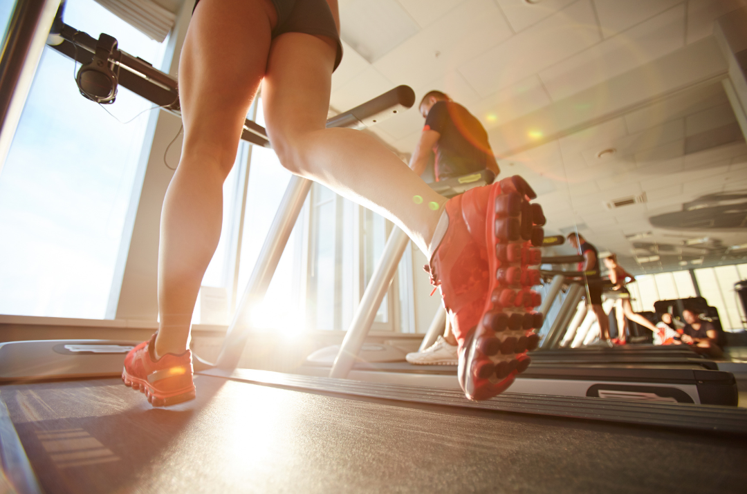 Close-up of person running on treadmill in gym with red sneakers and sunlight.