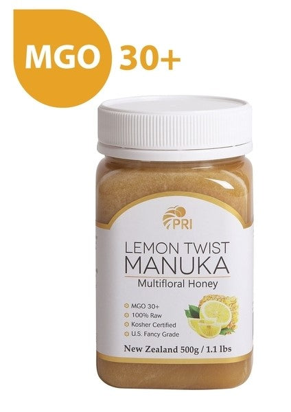 Jar of Lemon Twist Manuka multifloral honey 500g with MGO 30+ label and lemon graphic