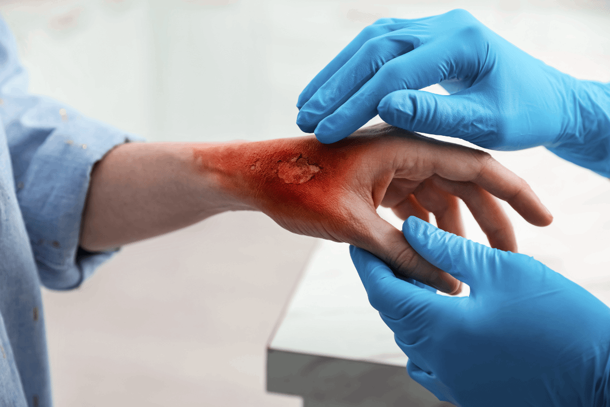 Gloved hands treating a burn wound on a person's wrist, burn care, wound healing