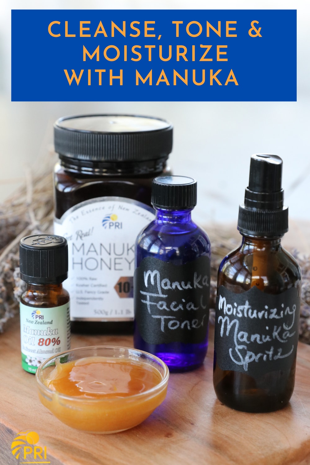 Manuka honey, Manuka oil, facial toner, and moisturizing spray on wood surface for skincare.