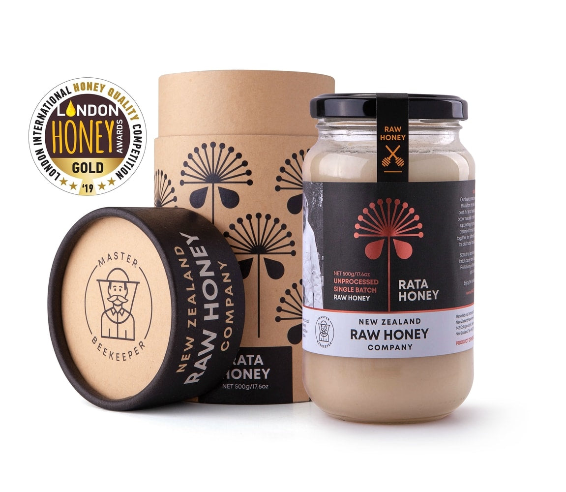 New Zealand raw Rata honey jar with premium packaging and award badge