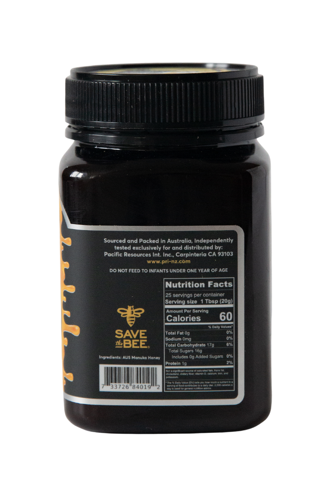 PRI - Australian Manuka Honey 300+ - Nutritional Facts and UPC Scan Code