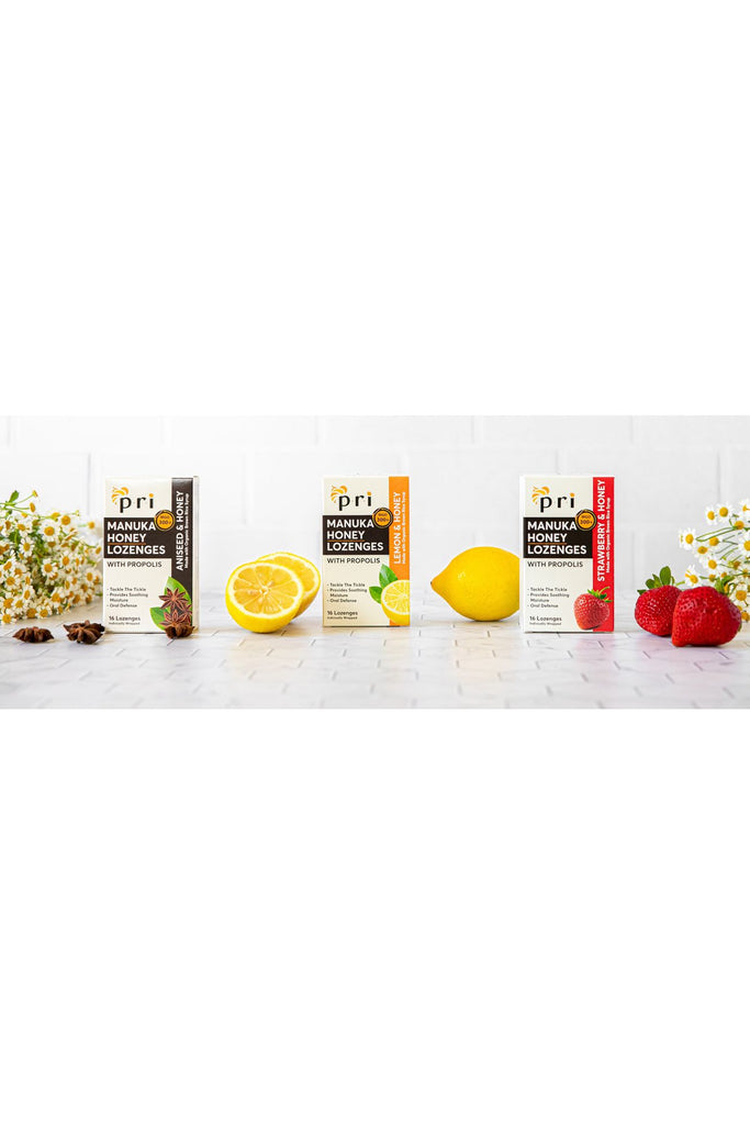 PRI - Manuka Honey Lozenges - Group Shot - Aniseed, Lemon, and Strawberry