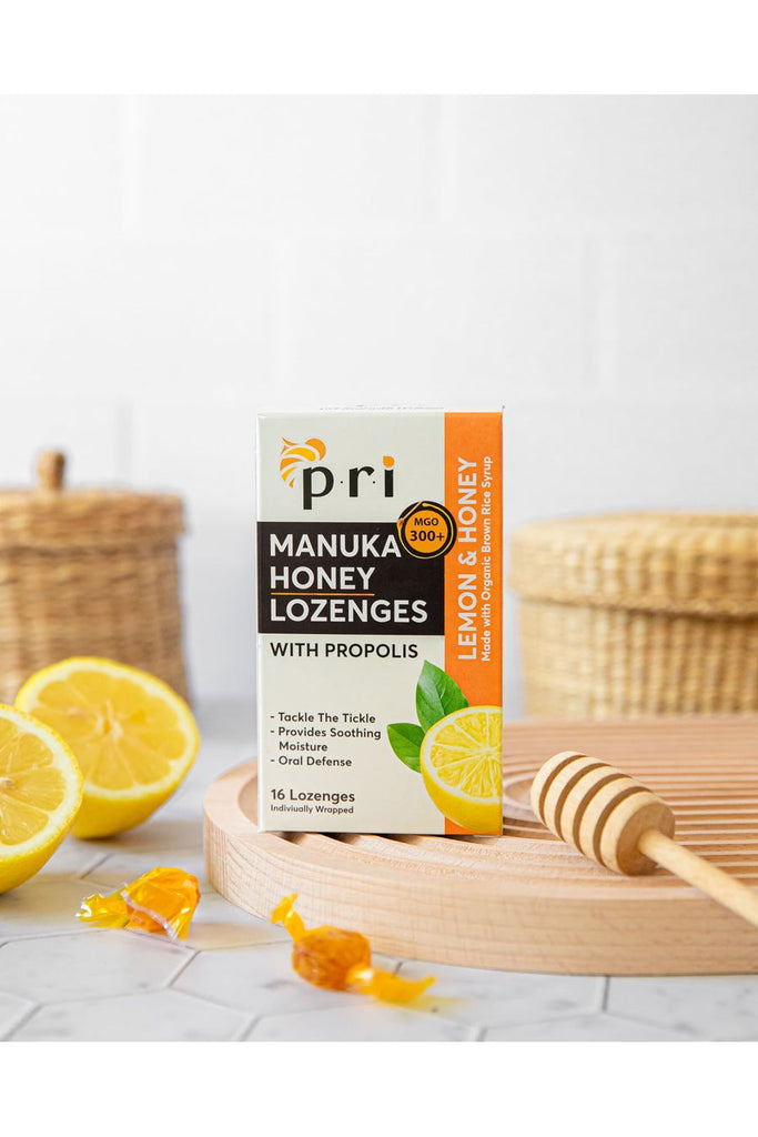 PRI - Manuka Honey Lozenges - Lemon - Front with Background