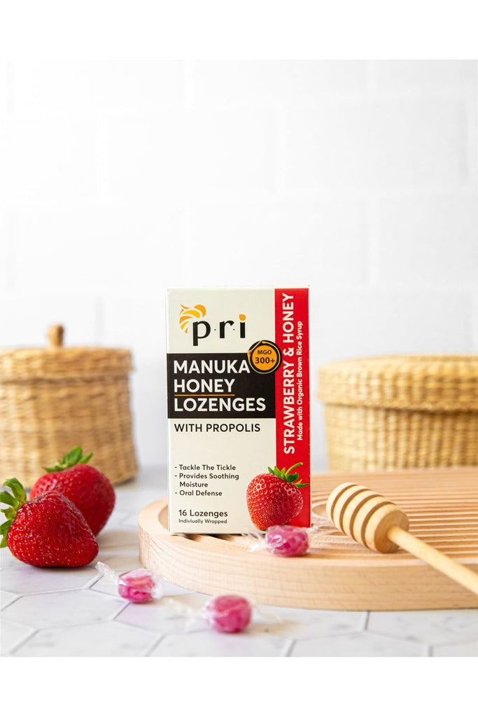 PRI - Manuka Honey Lozenges - Strawberry - Front with Background
