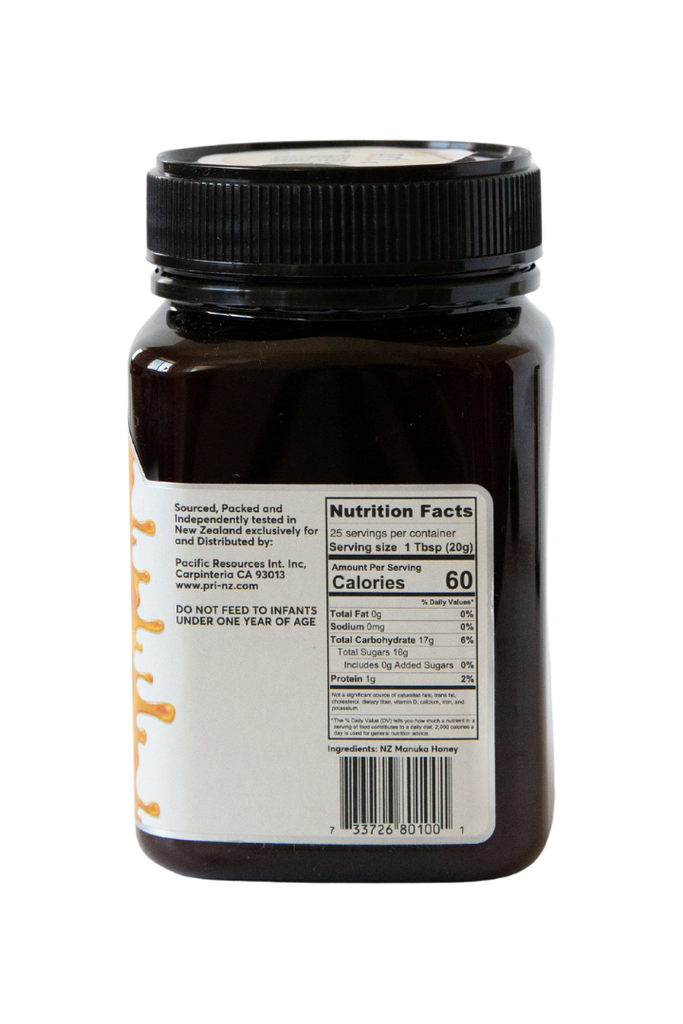 PRI - Manuka Honey 100+ - Nutrition Facts and UPC Scan Code
