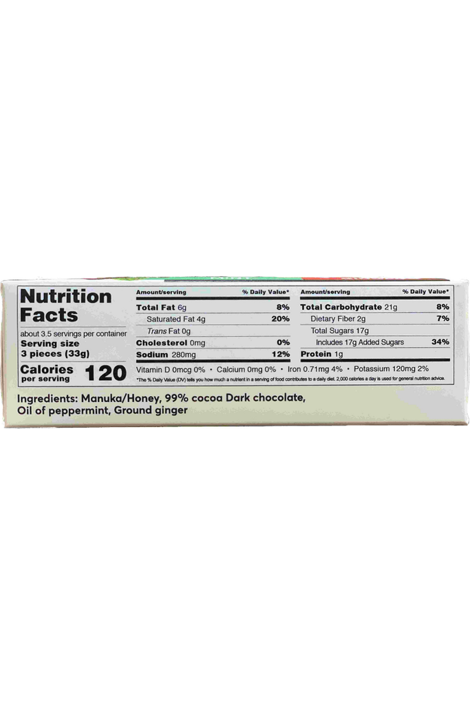 PRI Manuka Chocolate Selection Boxes - Mint and Ginger Flavor - Nutritional Facts and Ingredients
