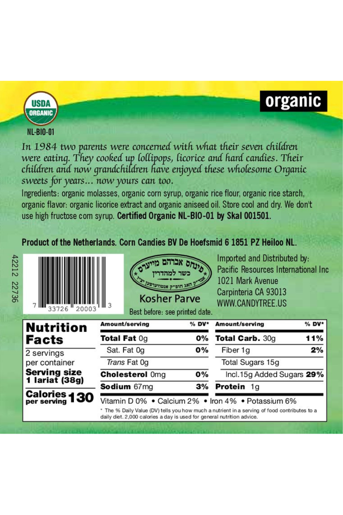Candy Tree - Organic Licorice Lariats - Ingredients, Nutritional Facts, UPC Scan Code