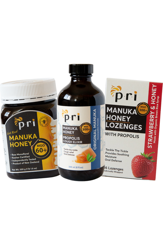 PRI - Manuka Honey 60+ 500g + Strawberry Lozenges + Original Elixir