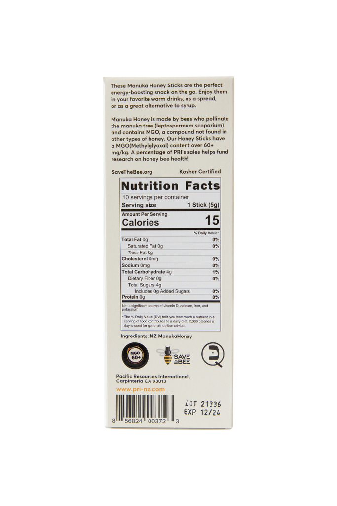 PRI - Manuka Honey Sticks - Nutritional Facts, UPC Scan Code, Description